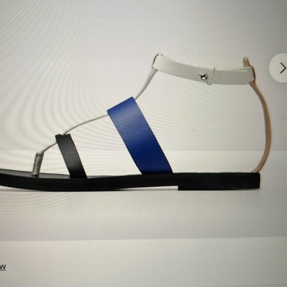 Vince gladiator blue, white, black, tan flat thong sandals.